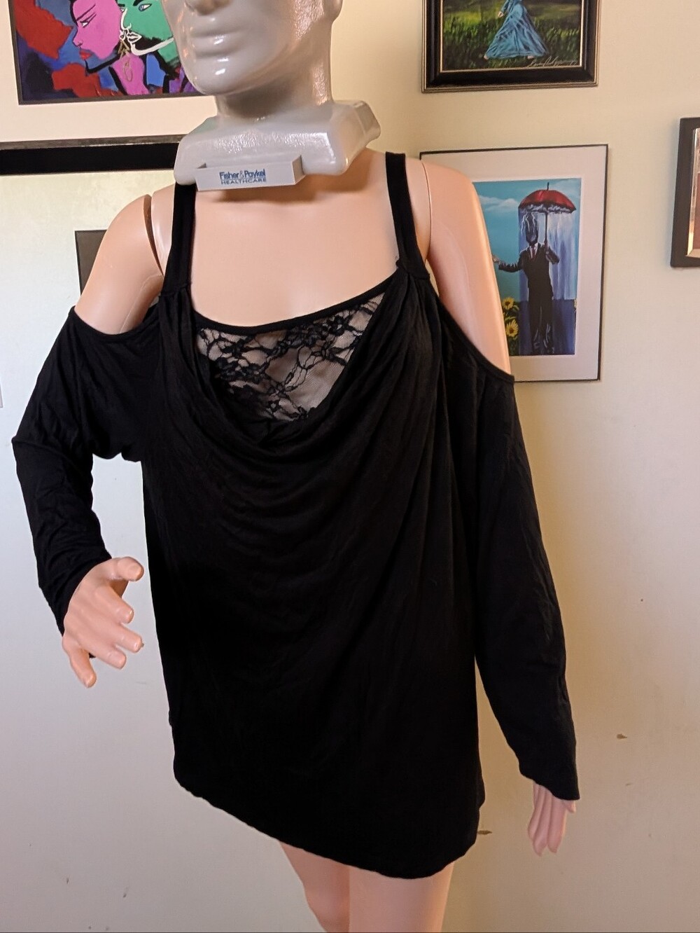 SHEIN Black Cold-Shoulder Lace-Trim Draped Blouse